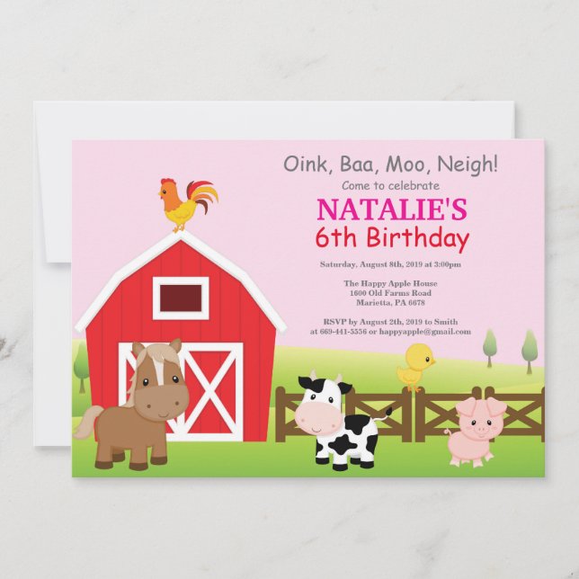 Invitación de cumpleaños en la granja Fiesta de gr (Anverso)