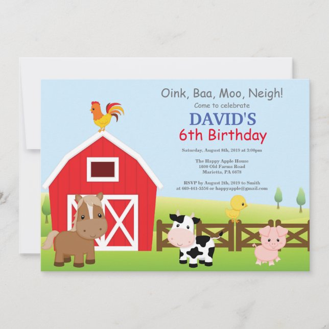 Invitación de cumpleaños en la granja Fiesta de gr (Anverso)