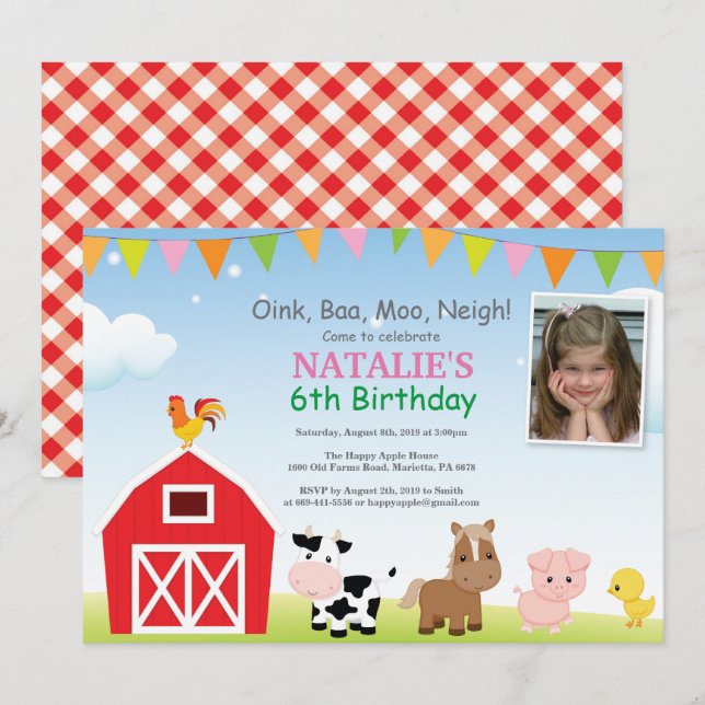 Invitación de cumpleaños en la granja Fiesta en el (Anverso / Reverso)