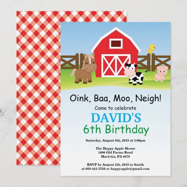 Invitación de cumpleaños en la granja Fiesta en el (Anverso / Reverso)