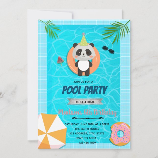 invitación de cumpleaños en la piscina de panda (Anverso)