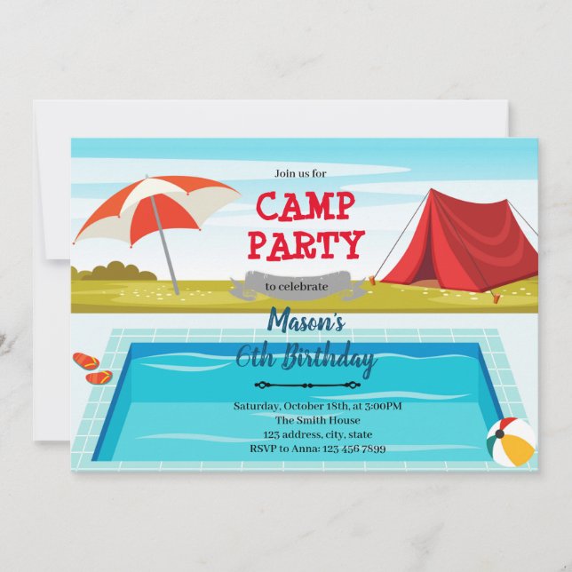 invitación de cumpleaños en la piscina del campame (Anverso)