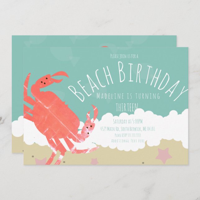 Invitación de cumpleaños en la playa con cangrejo  (Anverso / Reverso)