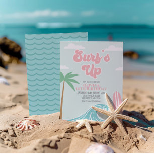 Invitación de cumpleaños en la playa rosa Surfs Up