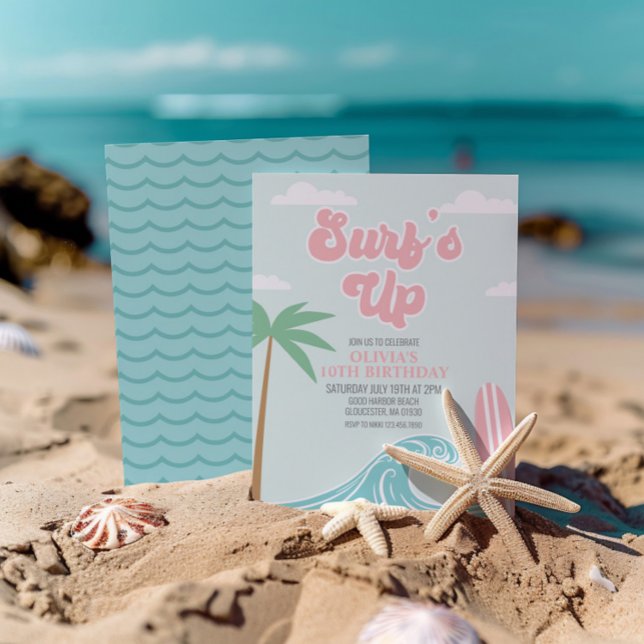 Invitación de cumpleaños en la playa rosa Surfs Up (Subido por el creador)