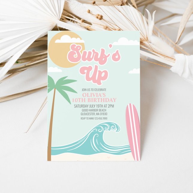Invitación de cumpleaños en la playa rosa Surfs Up (Subido por el creador)