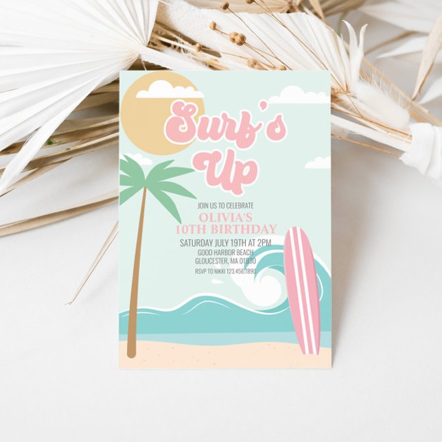 Invitación de cumpleaños en la playa rosa Surfs Up (Subido por el creador)