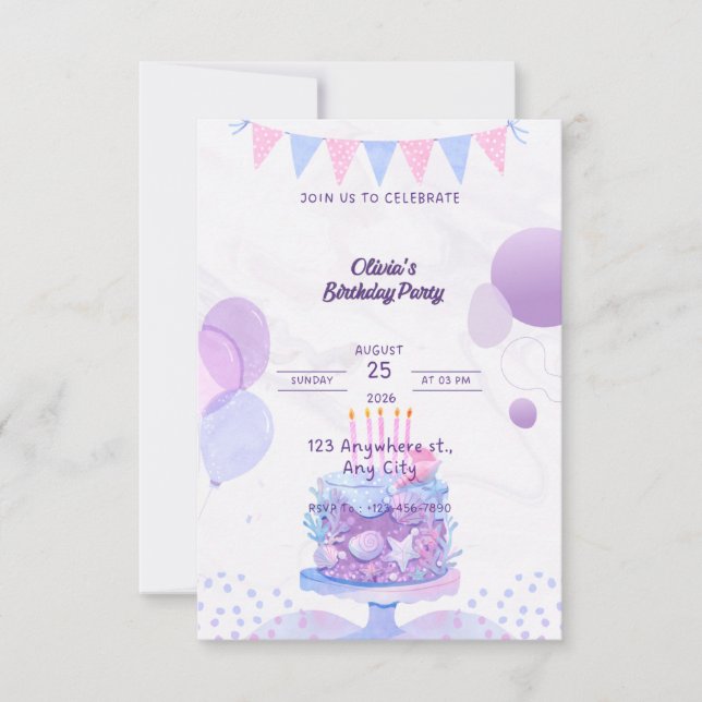 Invitación de cumpleaños en morado pastel - Editab (Anverso)
