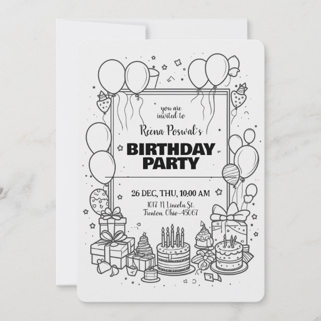Invitación de cumpleaños en negro y blanco (Anverso)