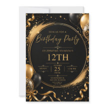 Invitación de cumpleaños en negro y dorado
