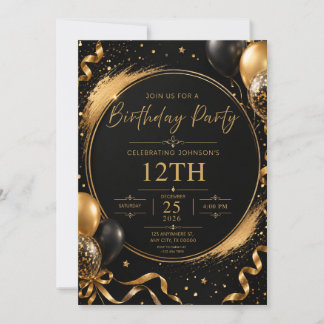 Invitación de cumpleaños en negro y dorado