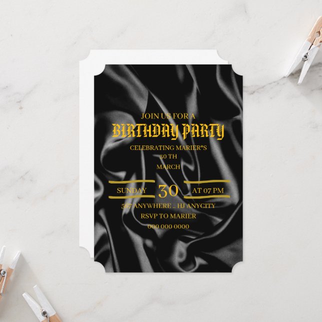 Invitación de cumpleaños en negro y dorado, Cumple (Anverso/Reverso In Situ)