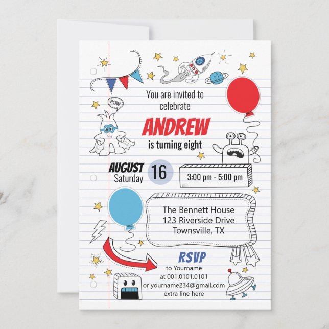 Invitación de cumpleaños en papel de cuaderno (Anverso)