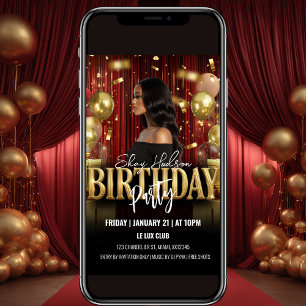 Invitación de cumpleaños en rojo y dorado