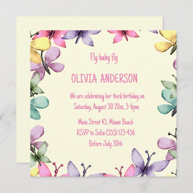 Invitación de cumpleaños en un diseño cuadrado y f (Anverso / Reverso)