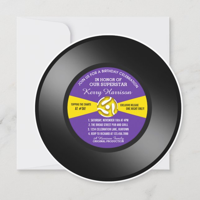 Invitación de cumpleaños en vinilo de 45 RPM (Anverso)