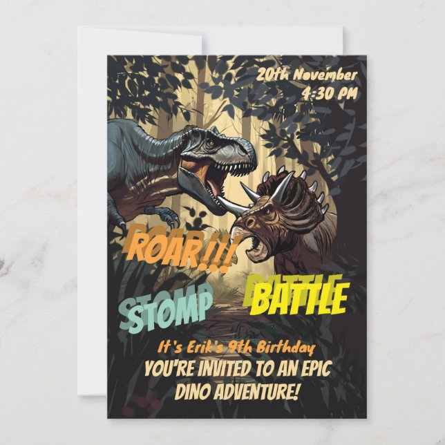 Invitación de cumpleaños épica de dinosaurios: pis (Anverso)