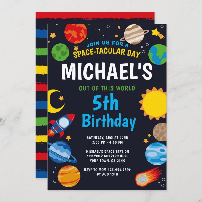 Invitación de cumpleaños espacial (Anverso / Reverso)