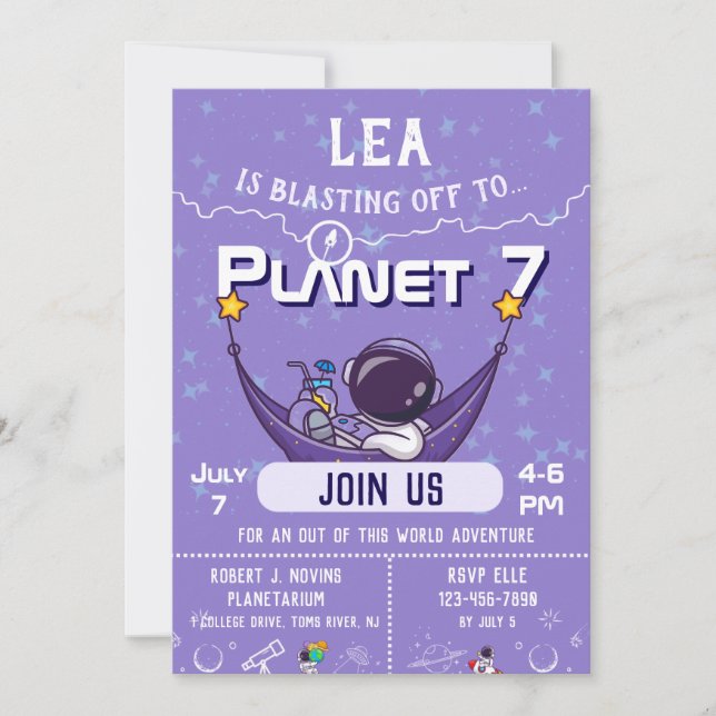 Invitación de cumpleaños espacial (Anverso)
