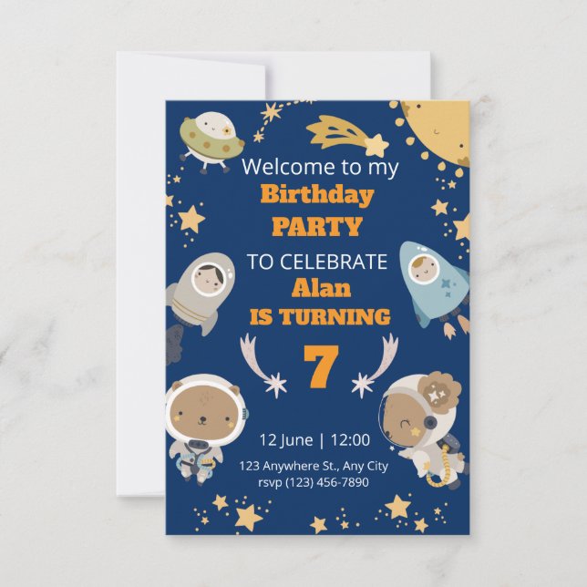 Invitación de cumpleaños espacial adorable (Anverso)