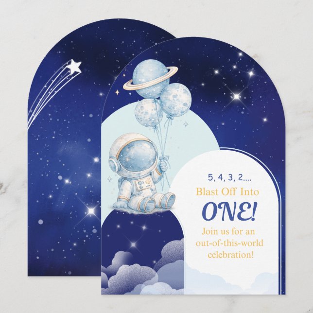 Invitación de cumpleaños espacial Blast Off Into O (Anverso / Reverso)