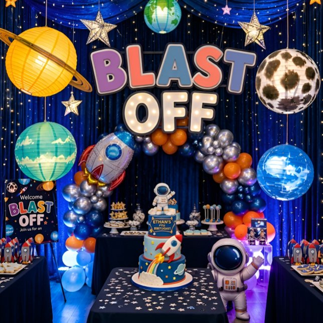 Invitación de cumpleaños espacial Blast Off para n (Blast Off Space Party Decor Ideas)