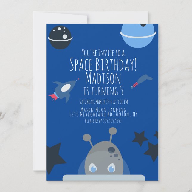Invitación de cumpleaños espacial con tema alieníg (Anverso)