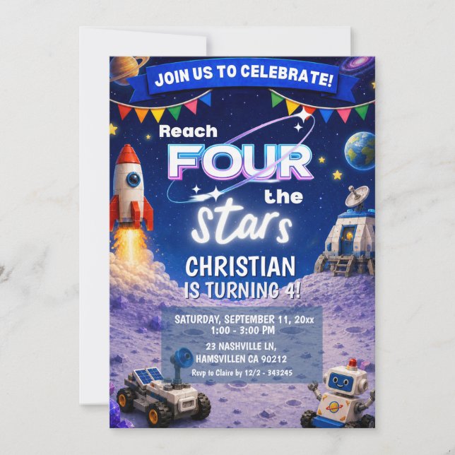 Invitación de cumpleaños espacial de ladrillos que (Anverso)