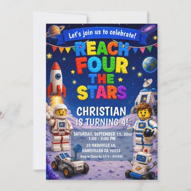 Invitación de cumpleaños espacial de ladrillos que (Anverso)