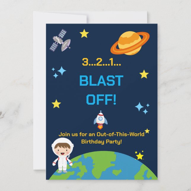Invitación de cumpleaños espacial del astronauta | (Anverso)