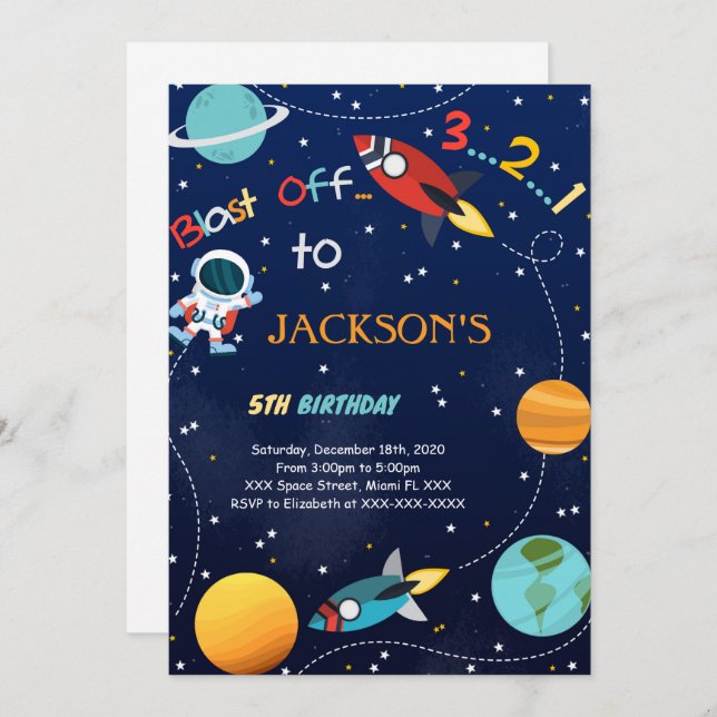 Invitación de cumpleaños espacial Despegue (Anverso / Reverso)
