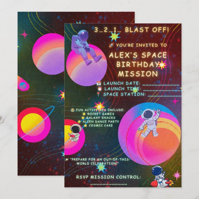 Invitación de cumpleaños espacial – El astronauta  (Anverso / Reverso)