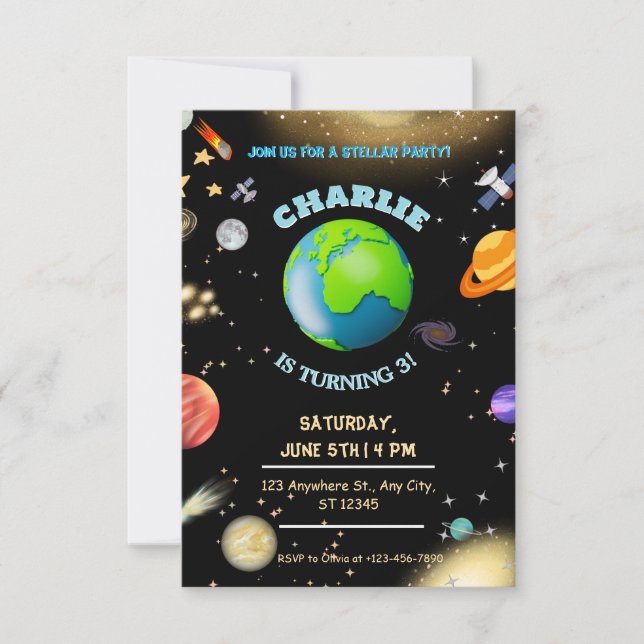 Invitación de cumpleaños espacial en la galaxia (Anverso)