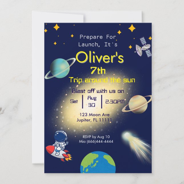 Invitación de cumpleaños espacial - Fiesta de lanz (Anverso)
