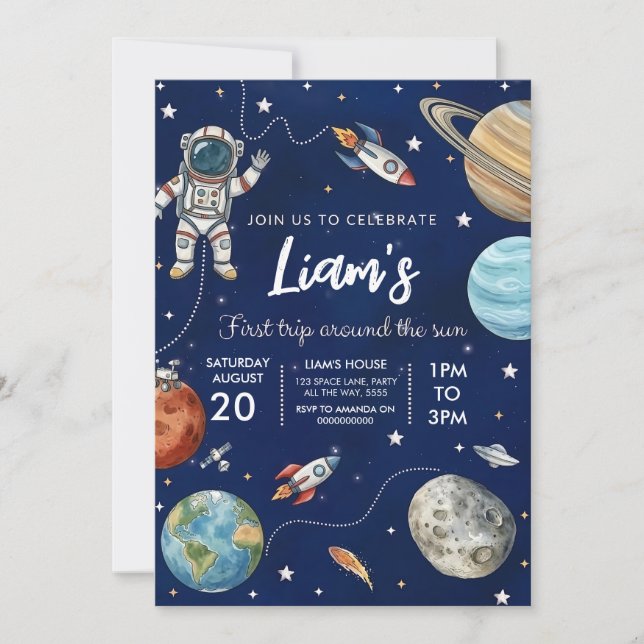 Invitación de Cumpleaños Espacial Fiesta Espacial  (Anverso)
