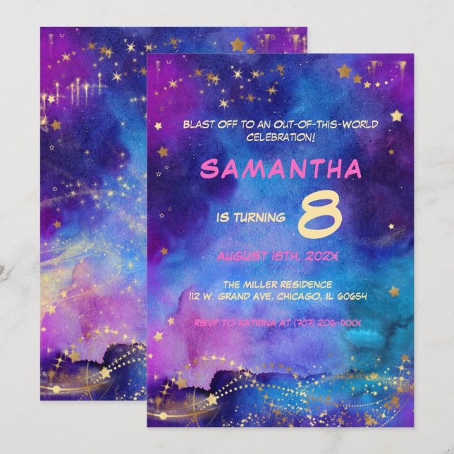 Invitación de Cumpleaños Espacial Galáctico para N (Anverso / Reverso)