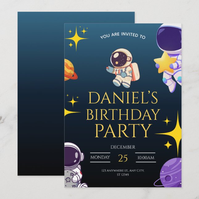 Invitación de cumpleaños espacial para niños, (Anverso / Reverso)