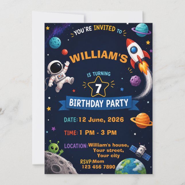 Invitación de cumpleaños espacial para niños | Per (Anverso)