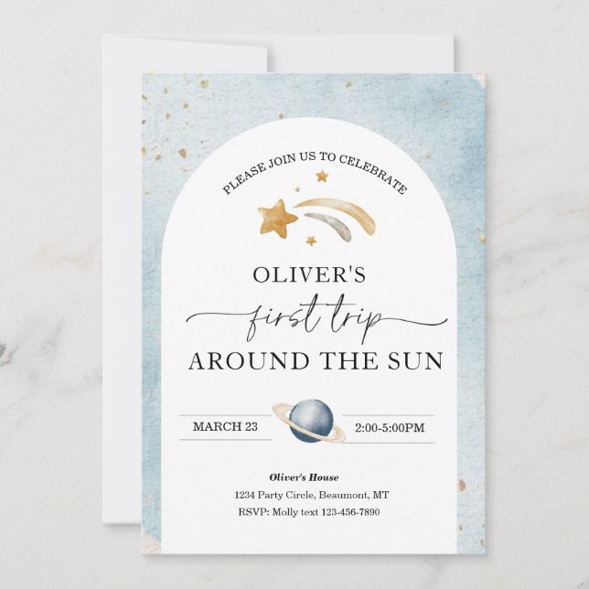 Invitación de cumpleaños espacial | Primer cumplea (Anverso)