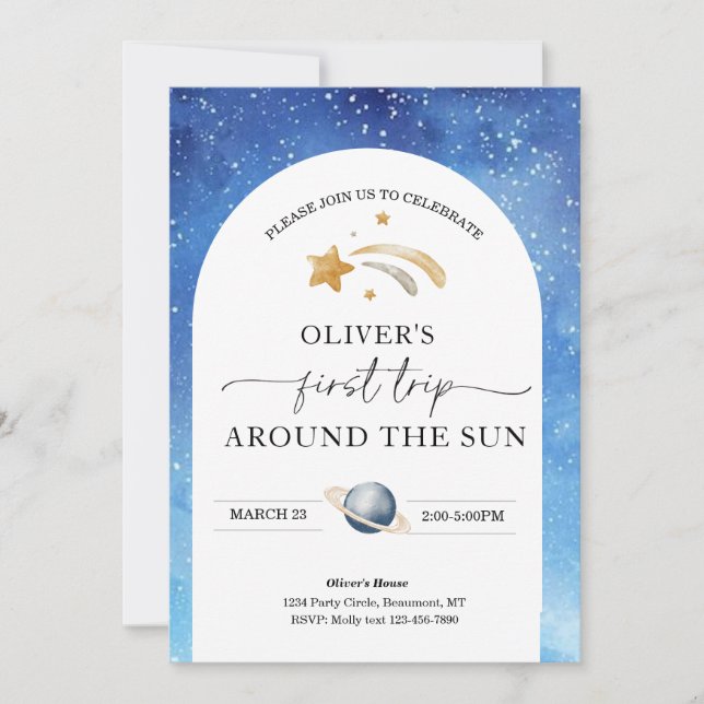Invitación de cumpleaños espacial | Primer cumplea (Anverso)