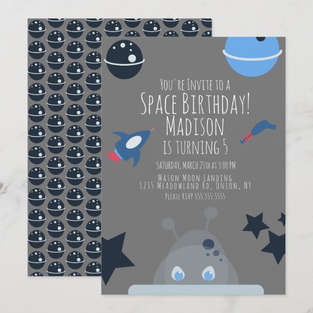 Invitación de cumpleaños espacial temática de alie (Anverso / Reverso)