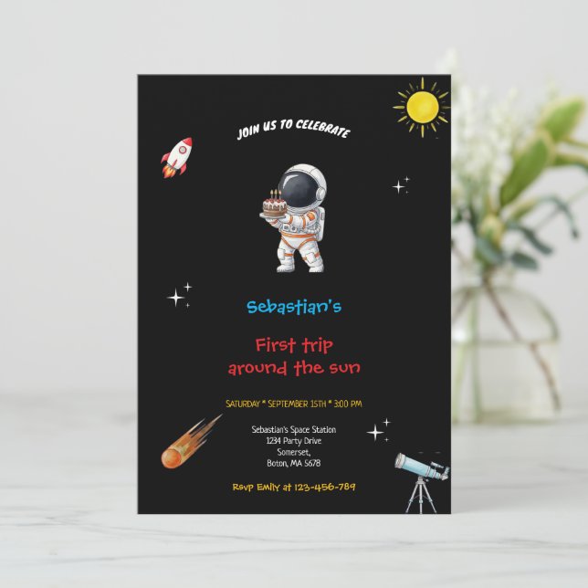 INVITACIÓN DE CUMPLEAÑOS ESPACIO NEGRO (Anverso de pie)