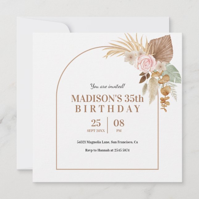 Invitación de cumpleaños estilo beige boho (Anverso)