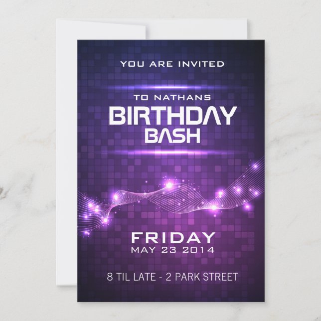 Invitación de cumpleaños estilo club nocturno (Anverso)