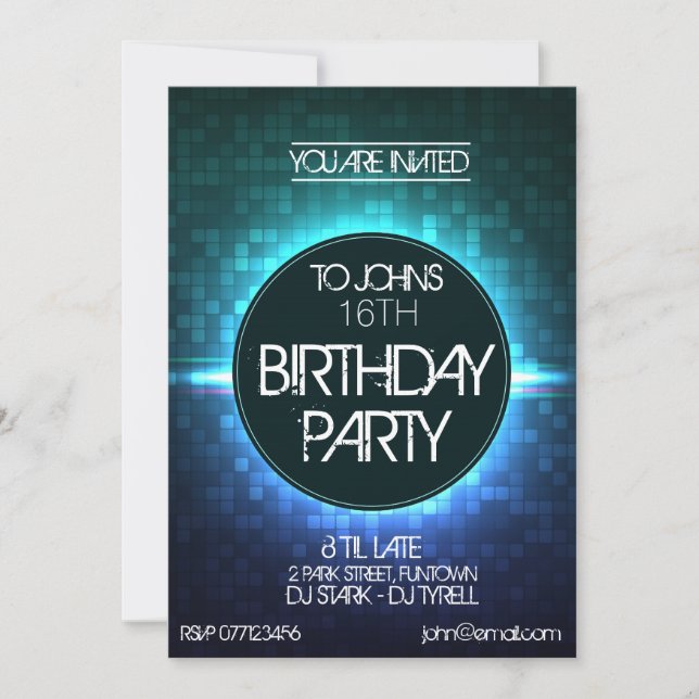 Invitación de cumpleaños estilo club nocturno (Anverso)