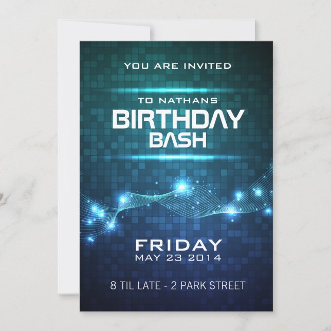 Invitación de cumpleaños estilo club nocturno (Anverso)