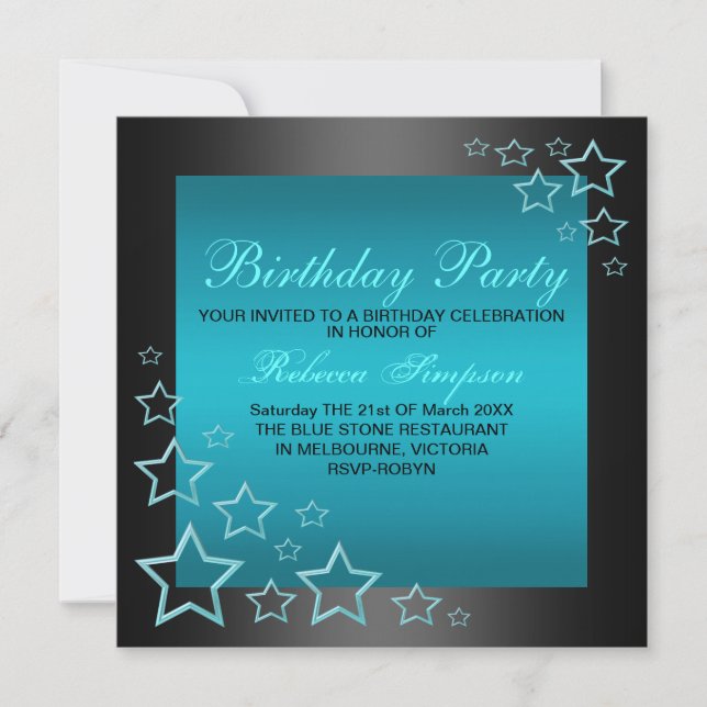 Invitación de cumpleaños Estrella Azul y Negra (Anverso)