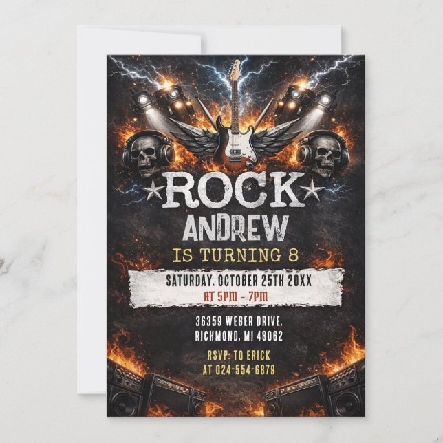Invitación de cumpleaños estrella de Rock & Roll m (Anverso)