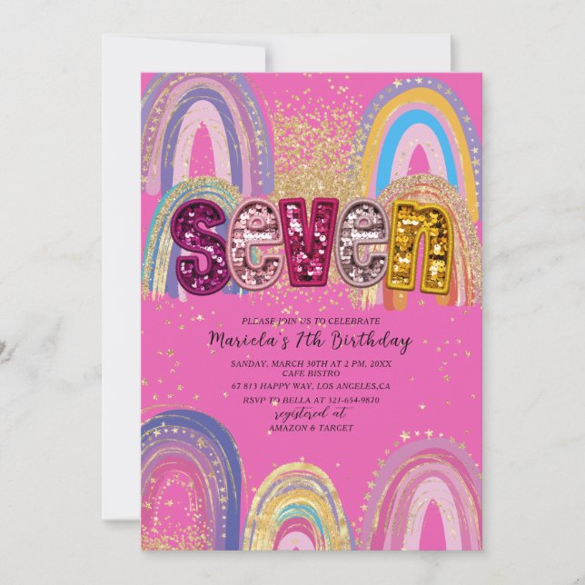 Invitación de cumpleaños estrellas rosadas y dorad (Anverso)
