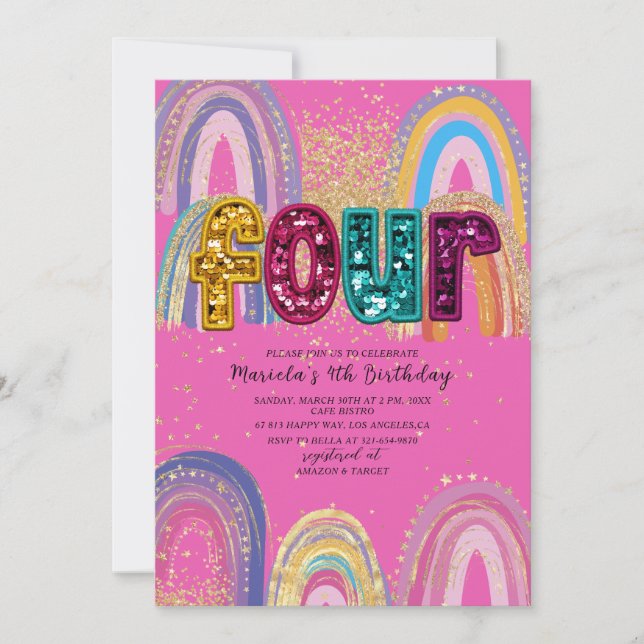 Invitación de cumpleaños estrellas rosadas y dorad (Anverso)